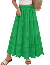 Saia maxi Mansy Boho, ilhós, bordado, cintura elástica, verde