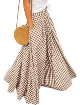 Saia maxi Mansy Summer Boho Gingham elástica de cintura alta marrom Saia maxi Mansy Summer Boho Gingham elástica de cintura alta marrom