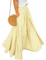 Saia maxi Mansy Summer, xadrez, guingão, cintura alta, amarela