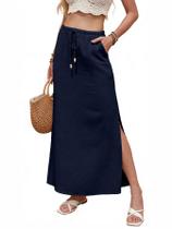 Saia maxi Violiyar com fenda de linho e cintura elástica para mulheres Saia maxi Violiyar com fenda de linho e cintura elástica para mulheres