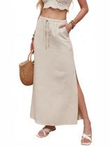 Saia maxi Violiyar com fenda de linho e cintura elástica para mulheres Saia maxi Violiyar com fenda de linho e cintura elástica para mulheres