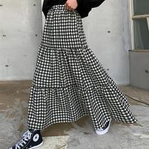 Saia Maxi Xadrez Preto E Branco Para Mulheres, Cintura Elástica, A-line, Plissada, Longa, Para Verão