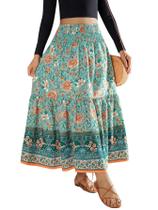 Saia maxi YHYJMY com estampa floral elástica de cintura alta para mulheres