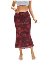 Saia Midi BEAUDRM com estampa floral de cintura alta Bodycon Borgonha