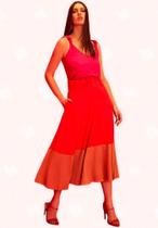 Saia Midi Bicolor C/ Cinto Laranja - Moda Casual Chic