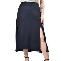 Saia Midi c/ Fendas Viscose Sarjada Plus Size 42 Ao 52