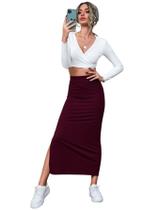 Saia Midi Canelada Tubinho Cintura Alta Com Fenda Lateral Elegante Feminino