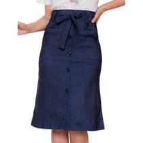 Saia Midi Com Botões e Bolso Bengaline Moda Evangélica