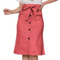 Saia Midi Com Botões e Bolso Bengaline Moda Evangélica Tamanho:GCor:Salmão