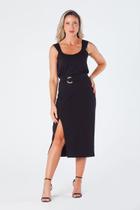 Saia Midi com Fenda Frontal Cintura com Elástico e Cinto Decorativo Preto Milena