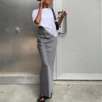 Saia Midi De Cetim De Cintura Alta Para Mulheres Moda 2024 Elegante Versátil Estilo Chic De Rua