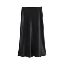 Saia Midi De Cetim Preta Para Mulheres, Cintura Alta, Saia Verde Fluida Elegante Para O Verão