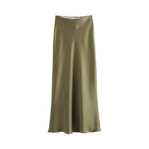 Saia Midi De Cetim Preto De Cintura Alta Para Mulheres, Saia Longa Elegante De Verão Para Escritório
