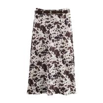 Saia Midi De Cintura Alta Com Cinto De Contraste De Cor E Estampa Em Cetim Texturizado Para Mulheres