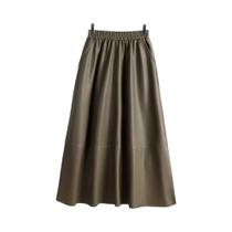 Saia Midi De Cintura Alta Em material sintético PU Com Patchwork Elegante, Modelo Evasê Com Bolsos Para