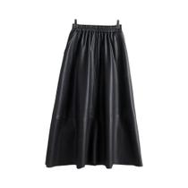 Saia Midi De Cintura Alta Em material sintético PU Com Patchwork Elegante, Modelo Evasê Com Bolsos Para Saia Midi De Cintura Alta Em material sintético PU Com Patchwork Elegante, Modelo Evasê Com Bolsos Para