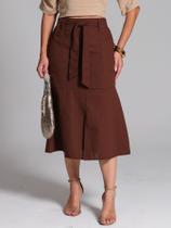 Saia Midi De Linho Com Bolsos Acompanha Cinto