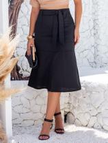 Saia Midi De Linho Com Bolsos Acompanha Cinto (ref 02358) (B)
