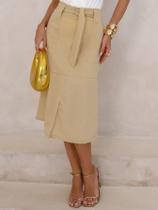 Saia Midi De Linho Com Bolsos Acompanha Cinto (ref 02358) (B)