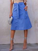 Saia Midi de Linho com Bolsos Amplos e Design Evasê (ref.02592) (C) Cor:AZUL SERENITYTamanho:GG Saia Midi de Linho com Bolsos Amplos e Design Evasê (ref.02592) (C) Cor:AZUL SERENITYTamanho:GG