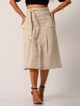 Saia Midi em Linho com Fenda Sofisticada e Acabamento Pespontado
