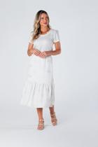 Saia Midi em Tecido Bordado com Barra de Babado e Elástico na Cintura Off White Elisa