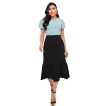Saia Midi Evasê Feminina Cintura Alta com Babado e Botões Moda Executiva Evangélica Social Elegante Confortável com Elástico Saia Midi Evasê Feminina Cintura Alta com Babado e Botões Moda Executiva Evangélica Social Elegante Confortável com Elástico