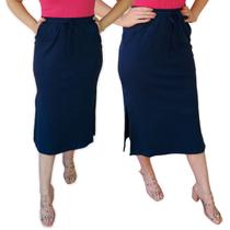 Saia Midi Feminina Fendas Laterais Elástico na Cintura em Algodão
