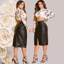 Saia Midi Fenda Com Zíper Invísivel Feminina Material Sintético Cor Preta Moda Tendência 2025 Saia Midi Fenda Com Zíper Invísivel Feminina Material Sintético Cor Preta Moda Tendência 2025