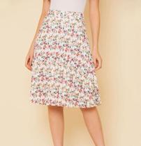 Saia midi floral plissada feminina blogueira