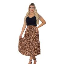 Saia Midi Gode Cintura Alta Rodada Em Viscolinho ONÇA ENVIO RÁPIDO