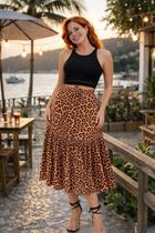 Saia Midi Gode Cintura Alta Rodada Em Viscolinho ONÇA ENVIO RÁPIDO - Click Tudo