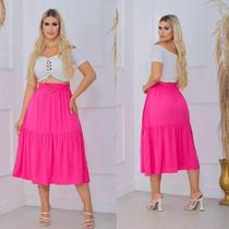 Saia Midi Gode Cintura Alta Rodada Em Viscolinho - PINK