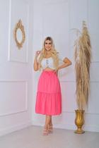 Saia Midi Gode Cintura Alta Rodada Em Viscolinho - ROSA Saia Midi Gode Cintura Alta Rodada Em Viscolinho - ROSA