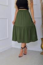 Saia Midi Gode Cintura Alta Rodada Em Viscolinho - VERDE MILITAR
