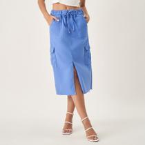 Saia Midi Jeans Color Cargo Fenda Frontal