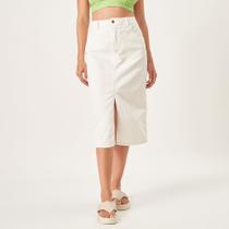 Saia Midi Jeans Color Reta Fenda Frontal Branco Cru