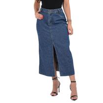 Saia midi jeans com fenda lavagem escura sintura alta longa