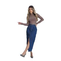 Saia midi jeans com fenda lavagem escura sintura alta longa