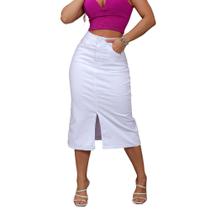 Saia Midi Jeans Com Fenda Na Frente Moda Evangélica - 191049