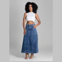 Saia Midi Jeans Feminina Sawary Cintura Alta E Bolso 283140 Tamanho:38Cor:Azul Saia Midi Jeans Feminina Sawary Cintura Alta E Bolso 283140 Tamanho:38Cor:Azul