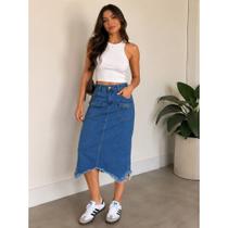 Saia Midi Jeans Lápis Cintura Alta Moda Evangélica