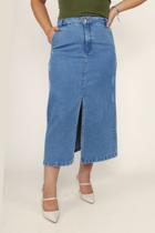 Saia midi jeans lavação média com puídos