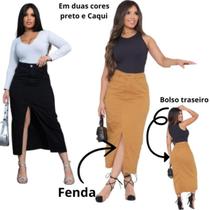 Saia midi jeans preta cintura alta com fenda / abertura na frente com Bolso premium Lançamento.