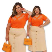 Saia Midi Linho Tebas Forrado c/ 5 Botões Plus Size
