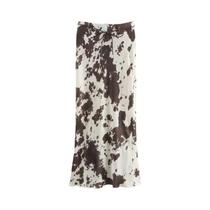 Saia Midi Longa De Cetim De Cintura Alta Para Mulheres Com Estampa Vintage E Cinto, Conjunto De Saia