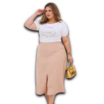 Saia Midi Longuete Linho Tebas c/ Bolso e Fenda na Frente Plus Size