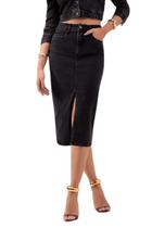 Saia Midi Lunender Jeans Com Fenda Preto Saia Midi Lunender Jeans Com Fenda Preto