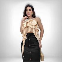 Saia Midi Moda Evangelica material ecológico Cintura Alta Botão Saia Midi Moda Evangelica material ecológico Cintura Alta Botão