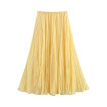 Saia Midi Plissada Amarela De Cintura Alta Para Mulheres, Estilo Fada Elegante Com Babados, Saia Midi Plissada Amarela De Cintura Alta Para Mulheres, Estilo Fada Elegante Com Babados,